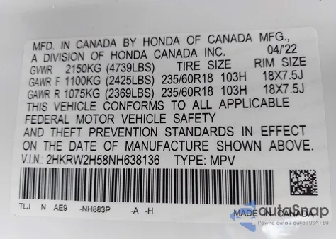 2022 Honda Cr-V Awd Ex z USA, uszkodzony, nr VIN 2HKRW2H58NH638136